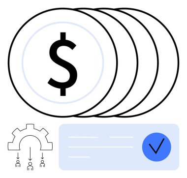 Dolar sembollü bozuk para yığınları mavi işaretli kontrol listesi ve oklu dişliler. Finans, yatırım, iş süreçleri, maliyet yönetimi, verimlilik, iş akışı iyileştirmesi için ideal