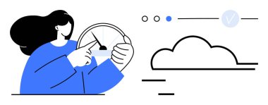 Woman pointing at speedometer next to cloud interface and status checkmark. Ideal for performance monitoring, data analysis, cloud computing, user interface design, productivity, technology clipart