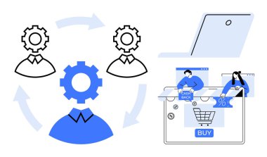 Dairesel viteslerle bağlantılı kullanıcı karakterleri işbirliği ve otomasyonu temsil eder. Bilgisayarda online alışveriş arabası ve nakit para teklifleri var. E-ticaret, otomasyon, takım çalışması ve teknoloji için ideal.