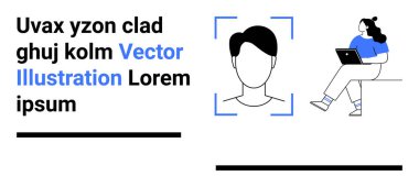 Karakter profili taslağı, dizüstü bilgisayar kullanan kişi, kalın metin blokları, mavi aksanlar, vektör tarzı. Dijital kimlik, web profili, çevrimiçi varlık, teknolojik arayüzler, modern tasarım, profesyonel tasarım için ideal