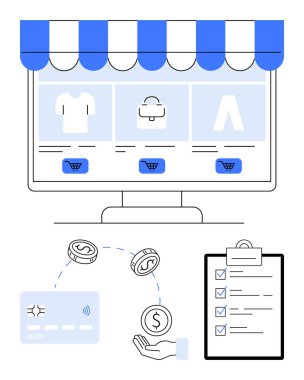 Ürün kategorileri, kredi kartı ve para değişimi ile çevrimiçi ekran görüntüleme ve pano üzerinde kontrol listesi. Çevrimiçi alışveriş, işletme yönetimi ve finans için ideal