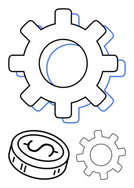 Large and small gears with a coin featuring a dollar sign. Ideal for finance, business strategy, economic processes, mechanical engineering, productivity, automation, and technical systems. Line clipart