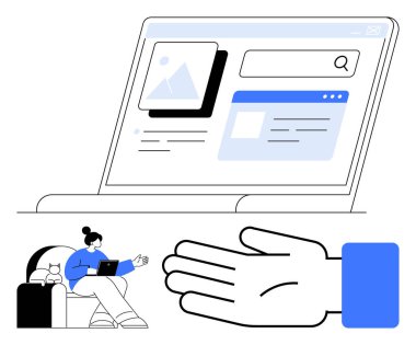 Geniş dizüstü bilgisayar ekranında web arayüzü elementleri ve arama çubuğu var. Kanepede dizüstü bilgisayarlı bir kadın, el hareketi. Teknoloji, uzaktan çalışma, kullanıcı etkileşimi, web tasarımı, dijital iletişim için ideal
