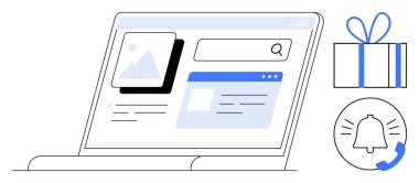 Arama çubuğu, bildirim simgesi, hediye kutusu ve zilli laptop ekranı. Web tasarımı, e-ticaret, kullanıcı arayüzü, çevrimiçi alışveriş bildirimleri iş tanıtımı için idealdir. Satır metaforu