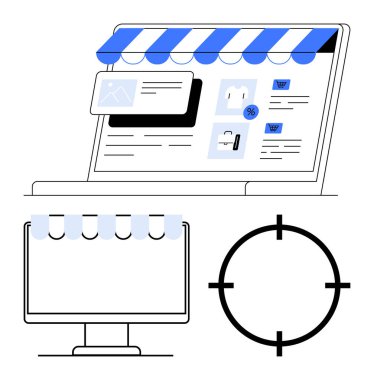 Laptop ekranı ürün listeleri, güneşlikli masaüstü monitörü ve dairesel hedef simgesi olan bir çevrimiçi mağazayı gösteriyor. E-ticaret, dijital pazarlama, çevrimiçi alışveriş, web sitesi tasarımı, perakende satış için ideal