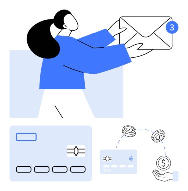 Elinde e-posta bildirimi olan bir zarf tutan kadın. Kredi kartı, NFC kartı ve dijital para birimi gibi dijital işlemlerin unsurlarını içerir. Finans, çevrimiçi bankacılık ve dijital için ideal