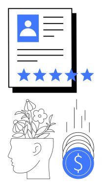 Beş yıldızlı kişisel profil, büyümeyi temsil eden çiçekli insan kafası, finansal başarıyı simgeleyen düşen paralar. Kişisel gelişim, yeniden yapılanma ve performans değerlendirmesi için ideal