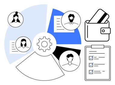 Turta tablosu, insan simgeleri, teçhizat, cüzdan ve kontrol listesi. İş planlaması, takım yönetimi, finansal görevler kaynak dağıtım iş akışı değerlendirmesi için ideal. Satır metaforu