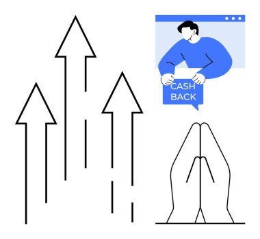 Yukarı doğru üç ok, elinde nakit para levhası olan bir adam ve dua eden eller. Finansal başarı, müşteri ödülleri, çevrimiçi işlemler, büyüme ve umut temaları için ideal. Düz minimal vektör biçimi