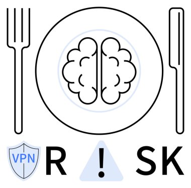 Brain served on a plate between fork and knife, VPN shield, exclamation mark, and risk text. Ideal for cybersecurity, mental health, online privacy, decision-making, vulnerability awareness clipart