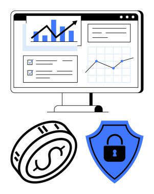 Bilgisayar monitörü grafikleri ve grafikleri gösteriyor. Dolar işareti olan büyük para ve kilit ile kalkan. Finans, güvenlik, veri analizi, yatırım, iş büyümesi, mali planlama için ideal
