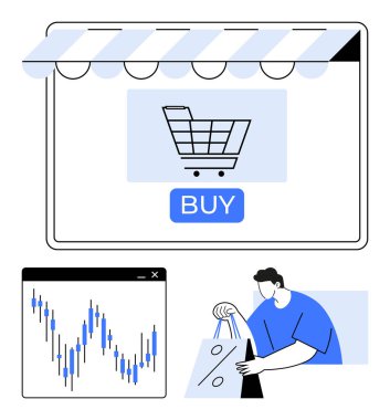 Alışveriş arabasıyla çevrimiçi mağaza arayüzü, satın alma düğmesi, piyasa eğilimli mali tablolar ve alışveriş torbaları tutan kişi. E-ticaret, finans, perakende, piyasa analizi ve tüketici için ideal