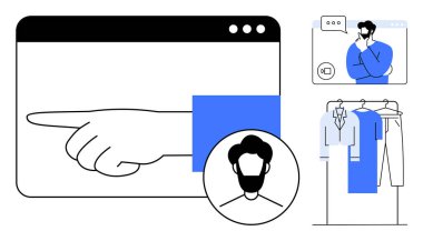 Tarayıcı ekranını işaret eden, video görüşmesinde düşünen adam, askıdaki kıyafetler, profil çemberi. Perakende, moda, ecommerce, online danışma, sanal alışveriş için ideal