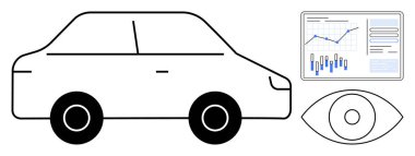 Araba silueti, yükselen veri tablosu ve göz simgesinin yanında. Otomotiv analizleri, araç izleme, performans takibi, piyasa araştırması, veri görselleştirmesi, teknoloji entegrasyonları için ideal