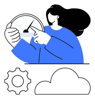 Kadın, teknoloji uygulaması için bir vites ve bulut eşliğinde performans ölçümünü gösteren bir kilometre sayacını işaret ediyor. İş, teknoloji, performans, bulut hesaplama ve analitik için ideal