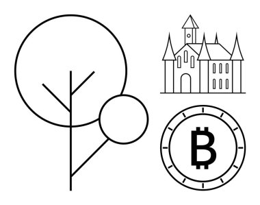 Basit bir ağaç, kale ve bitcoin sembolü çizgisi sanatı. Finansal büyüme için ideal, gayrimenkul, fantezi teması, dijital para birimi, yatırım, minimalizm, doğa. Satır metaforu