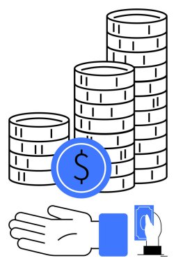 Yığınla bozuk para, mavi kollu bir el ve para tutan bir el. Finansal temalar, bankacılık, yatırım, ekonomi, tasarruf ödemeleri için ideal. Satır metaforu