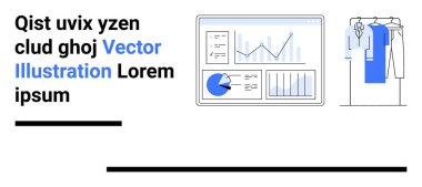 Üzerinde grafikler ve turta grafikleri olan iş verileri paneli mavi beyaz elbiseli bir elbise rafının yanında sergileniyor. Veri analizi, iş stratejisi, moda, e-ticaret, perakende, analitik için ideal