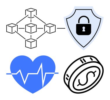 Düğümleri birbirine bağlayan engelleme ağı, asma kilidi olan kalkan, kalp atışı olan kalp, dolar parası. Teknoloji, güvenlik, finans, sağlık sistemi kripto para birimi dijital ekonomisi için idealdir. Çizgi