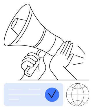 Elinizde bir megafon, mavi işaretli kontrol listesi ve dünya ikonu var. Reklam için ideal, kamuya açık duyurular, küresel sosyal yardım, iletişim stratejileri, pazarlama kampanyaları, medya tanıtımı
