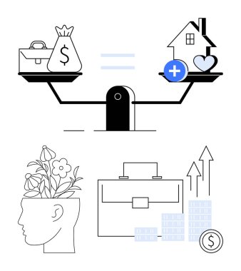 Bir tarafta para ve kariyer, bir tarafta ev, sağlık, diğer tarafta kalp. Kafadan, çantadan ve bar grafiğinden bitki yetişiyor. İş hayatı dengesi, finans, sağlık kişisel gelişim zihni için ideal