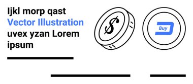 Dolar ve Dash sembollü sikkeler, mavi Buy düğmesi metni, dizayn için yer tutucu Latince metin, minimalist format. Fintech, engelleme zinciri, dijital ödemeler, e-ticaret, para transferleri için ideal