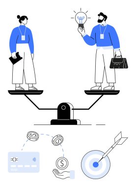 Kadın ve erkek, elinde ampul tutan bir adam, elinde belge tutan bir kadın. İş eşitliği, cinsiyet dengesi, yenilikçi fikirler, finansal okur yazarlık, takım çalışması, profesyonel