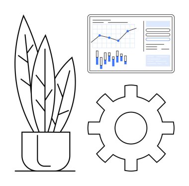 Veri analizi ile büyüme tablosu, büyümeyi temsil eden saksı bitkisi ve ayarları veya yapılandırmayı sembolize eden dişli simgesi. İş stratejisi, iş akışı, veri analizi, teknoloji ve planlama için ideal