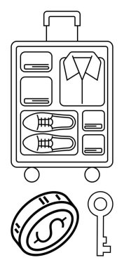 Neatly packed suitcase with shirt, two pairs of shoes, and folded clothes. Additional items are a large coin and key underneath the suitcase. Ideal for travel, packing tutorials, financial travel clipart