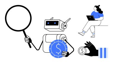 Robot, büyüteç ve bozuk para tutuyor. Dizüstü bilgisayar kullanan kişi ve madeni para kullanan kişi. Yapay zeka, fintech, yatırım araştırması, otomasyon, dijital varlıklar, veri analizi ve gelecekteki teknoloji için ideal