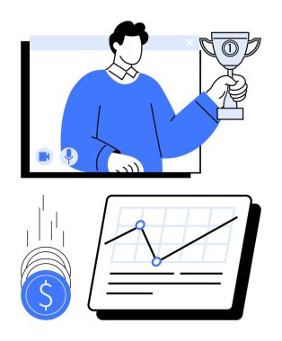 Dijital avatarın çevrimiçi çağrı penceresinde kupa tutması başarıyı simgeler, bozuk paraların düşüşü ve yükselen finansal tablonun başarıyı vurgulaması. Uzak çalışma, iş başarısı ve motivasyon için ideal