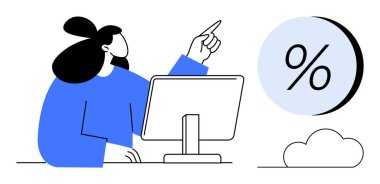 Ofis çalışanı, yakınlarda bir bulut ve yüzde işareti olan bilgisayar monitörünü işaret ediyor. İş, finans, eğitim, teknoloji, sunumlar, pazarlama ve strateji temaları için idealdir. Çizgi