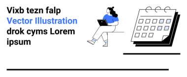 Oturan ve sol tarafında yer tutucu metin olan büyük bir takvimin yanında dizüstü bilgisayar kullanan kişi. Üretim, zamanlama, zaman yönetimi, organizasyon, uzaktan çalışma, planlama, proje için ideal