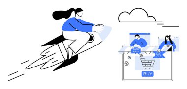 Kadın roketle alışveriş arabasına doğru gidiyor, elinde nakit para ve indirim teklifleri var. E-ticaret, çevrimiçi alışveriş, hızlı dağıtım, dijital pazarlama, müşteri ilişkileri, satış büyümesi, teknoloji için ideal