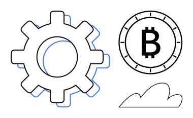 Büyük vites simgesi, bozuk para içinde Bitcoin sembolü ve minimalist tarzda bulut şekli. Finans, teknoloji, dijital para birimi, yenilik, bulut hesaplama, engelleme zinciri ve kripto para birimi için ideal