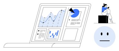 Laptop ekranında çeşitli grafikler ve grafikler var. Kullanıcı akıllı telefon kullanarak bir kutunun yanında oturuyor. Mavi tarafsız yüz hissi duyguları temsil eder. İş için ideal, veri analizi, uzaktan çalışma, teknoloji