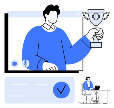 Elinde kupa olan bir adam, arka planda büyük bir ekran, dizüstü bilgisayarda çalışan genç bir kadın. Çevrimiçi başarılar, uzaktan tanıma, sanal olaylar, ödüller, başarı kutlamaları, takım başarıları için ideal