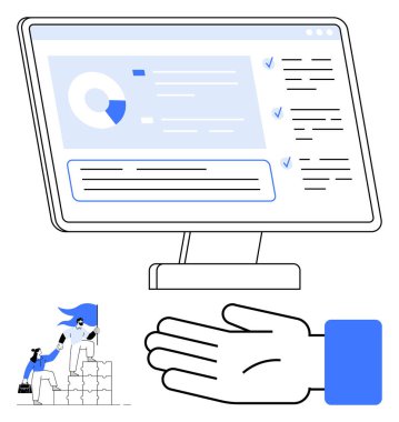 Veri tabloları, bilgi kutuları ve işaretli bilgisayar monitörü. El hareketi destek ve takım çalışmasını sembolize eder. Merdivende işbirliği yapan minyatür karakterler. Takım çalışması ve işbirliği için ideal.