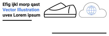 İçinde dünya ikonu olan bir bulutun yanında şık bir spor ayakkabısı tasarımı. Ögeler örnek metin ve vektör satırlarını içerir. Moda, bulut hizmetleri, küresel bağlantı, modern tasarım, teknoloji için ideal