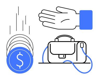 El, bir evrak çantasının yanında servet ve maddi kazançları simgeleyen düşey olarak düşen paralara uzanıyor. İş, finans, yatırım, gelir, işlemler, tasarruflar, girişimcilik için ideal