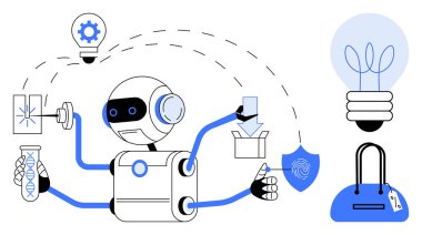 Robot, DNA tüpü, kutu ve kalkan gibi farklı faaliyetlerde bulunur. Ampul ve el çantası yakınlarda. Yenilikler, teknoloji, yapay zeka, bilim, otomasyon fütüristik kavramları için ideal.