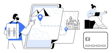 Sırt çantalı gezginler mobil cihazlar, haritalar ve konum işaretleyicileri kullanarak hedefleri araştırıyorlar. Seyahat uygulamaları, seyahat planlama, rezervasyon platformları, dijital göçebeler, turizm pazarlaması, macera için ideal