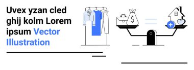 İş kıyafetleri askıda, dengeli ölçekte finans ve ev ve sağlık desteğini gösteriyor. Finansal planlama, iş hayatı dengesi, kişisel finans, sağlık yönetimi, kariyer seçimleri, yaşam tarzı için ideal