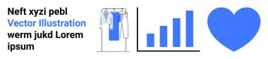 Clothing rack with hanging shirts, increasing bar chart, blue heart symbol. Ideal for e-commerce, fashion industry, online shopping, sales growth, data analysis, customer satisfaction business clipart