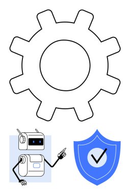 Alt tarafı işaret eden üst robot vites, yanında işaret olan kalkan. Güvenlik, teknoloji, verimlilik, otomasyon, koruma, süreç iyileştirme ve yenilik için ideal. Satır metaforu