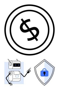 Dolar sembolü robot kalkan kilidini işaret ediyor. Finans, güvenlik, teknoloji, kripto para birimi, dijital güvenlik, yatırım, otomasyon için ideal. Parasal korumayı simgeliyor. Satır metaforu