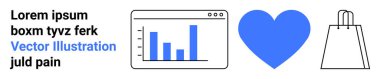 Ekrandaki çubuk grafik, mavi kalp şekli ve alışveriş çantası taslağı. Yer tutucu kelimelerle yazılmış bir metin. Veri görselleştirme, piyasa analizi, e-ticaret, çevrimiçi alışveriş, müşteri memnuniyeti için ideal