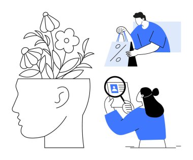 Flowers growing from a human head, person shopping with bags, woman holding magnifying glass to profile image. Ideal for mental health, creativity, personal growth, shopping, social connections clipart