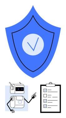 Güvenlik işaretli kalkan, kontrol listesine bakan robot. Siber güvenlik, yapay zeka, otomasyon, uyum, organizasyon koruması ve verimlilik için ideal. Satır metaforu