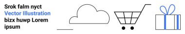 Bulut ikonu, alışveriş arabası ve minimalist tarzda paketlenmiş hediye. E-ticaret, dijital depolama, çevrimiçi alışveriş, dağıtım hizmetleri, tatil satış pazarlaması için ideal. İniş sayfası